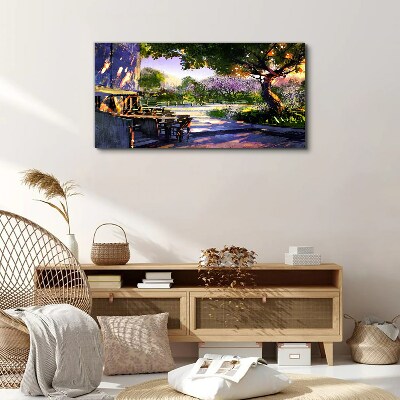 Schilderij op doek Lentelandschap met bloeiende bomen