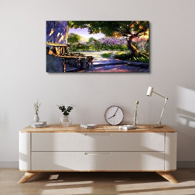 Schilderij op doek Lentelandschap met bloeiende bomen