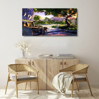 Schilderij op doek Lentelandschap met bloeiende bomen