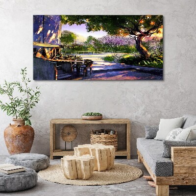 Schilderij op doek Lentelandschap met bloeiende bomen