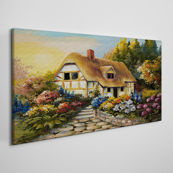 Canvas schilderij Een charmant landhuisje omgeven door bloemen