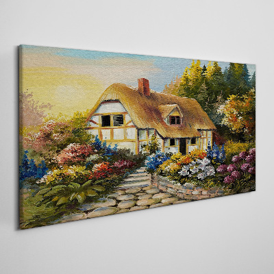 Canvas schilderij Een charmant landhuisje omgeven door bloemen