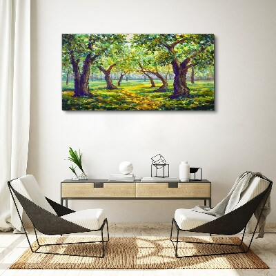 Canvas schilderij Een groen bos in de zonnestralen