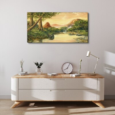 Foto op canvas Een vredig landschap met een rivier en bomen