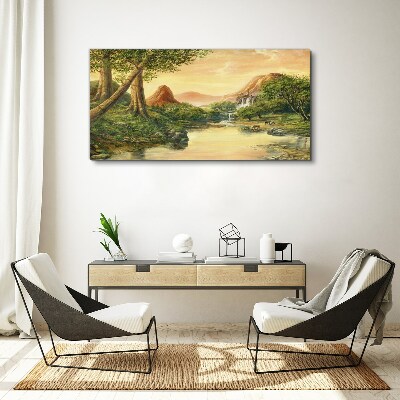 Foto op canvas Een vredig landschap met een rivier en bomen