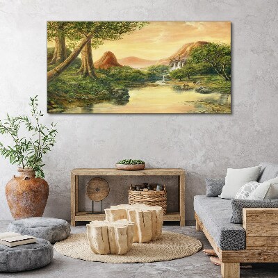 Foto op canvas Een vredig landschap met een rivier en bomen