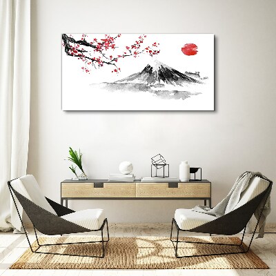 Schilderij op doek Kersenbloesem en berglandschap