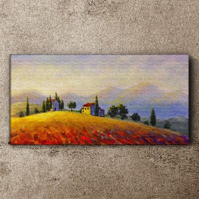 Foto op canvas Zonnig landschap met huizen op een heuvel