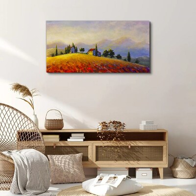 Foto op canvas Zonnig landschap met huizen op een heuvel