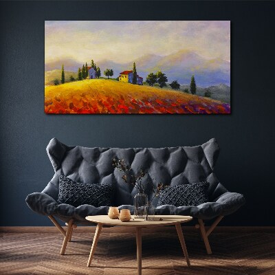 Foto op canvas Zonnig landschap met huizen op een heuvel