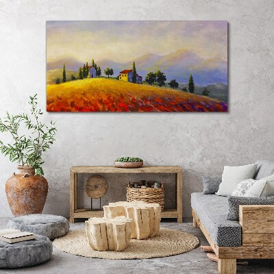 Foto op canvas Zonnig landschap met huizen op een heuvel