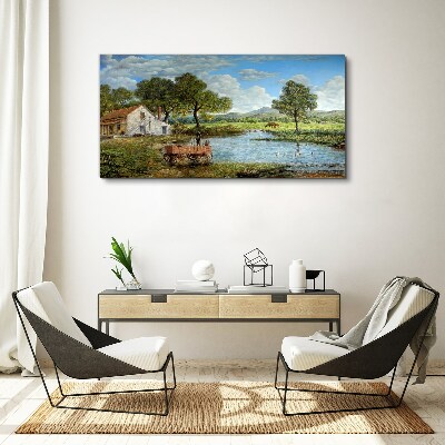 Schilderij op doek Een vredig landelijk landschap met een rivier