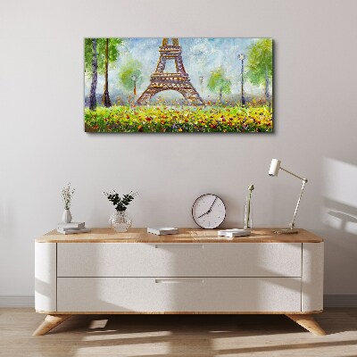 Foto op canvas De Eiffeltoren in een bloemrijke omgeving