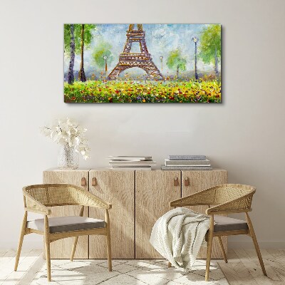 Foto op canvas De Eiffeltoren in een bloemrijke omgeving