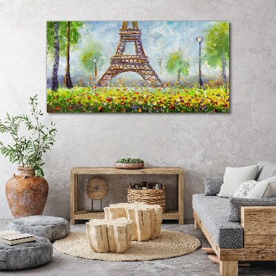 Foto op canvas De Eiffeltoren in een bloemrijke omgeving