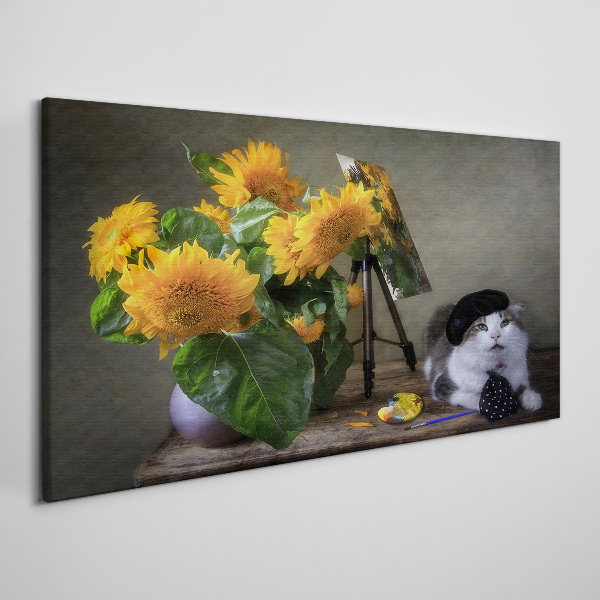 Canvas schilderij Katten en zonnebloemen