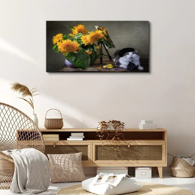 Canvas schilderij Katten en zonnebloemen