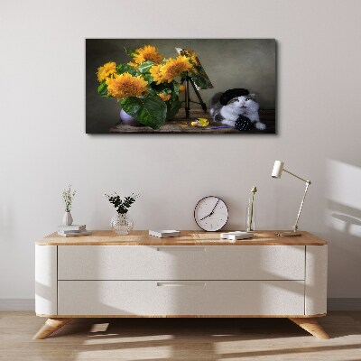 Canvas schilderij Katten en zonnebloemen