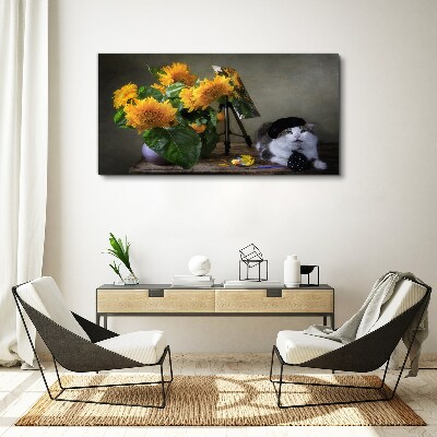Canvas schilderij Katten en zonnebloemen