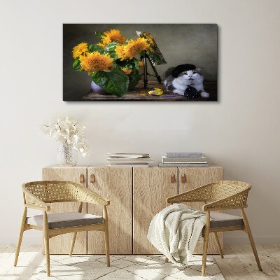Canvas schilderij Katten en zonnebloemen