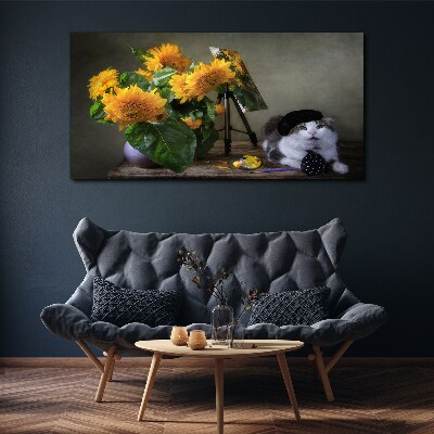 Canvas schilderij Katten en zonnebloemen