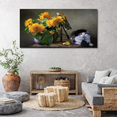 Canvas schilderij Katten en zonnebloemen