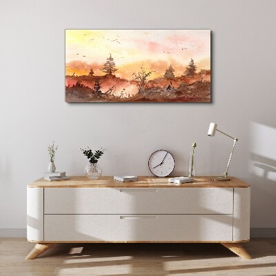 Canvas schilderij Zonsondergang boven een boslandschap