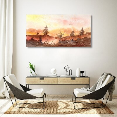 Canvas schilderij Zonsondergang boven een boslandschap