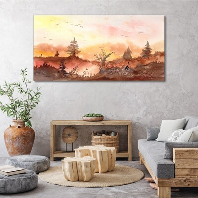 Canvas schilderij Zonsondergang boven een boslandschap