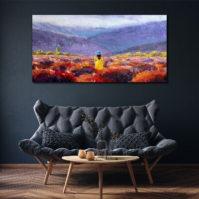 Schilderij op doek Vrouw in een paars landschap