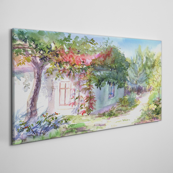 Schilderij op doek Zomerlandschap met een huis en bomen