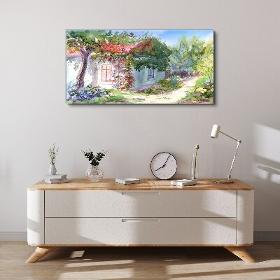 Schilderij op doek Zomerlandschap met een huis en bomen