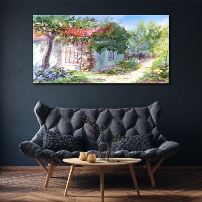 Schilderij op doek Zomerlandschap met een huis en bomen