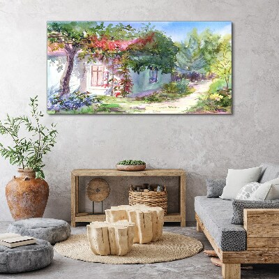 Schilderij op doek Zomerlandschap met een huis en bomen