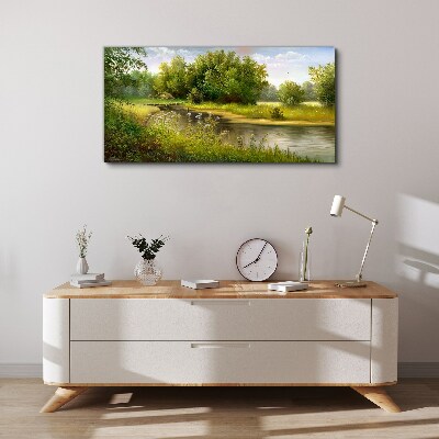 Canvas schilderij Een vredig landschap aan de rivier