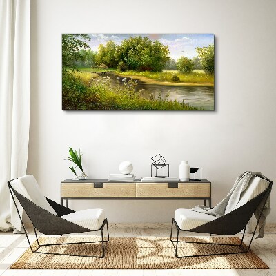 Canvas schilderij Een vredig landschap aan de rivier