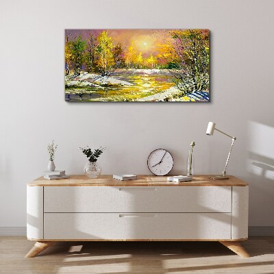 Canvas schilderij Gouden rivier in het herfstbos