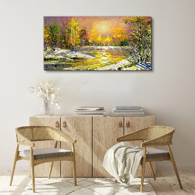 Canvas schilderij Gouden rivier in het herfstbos