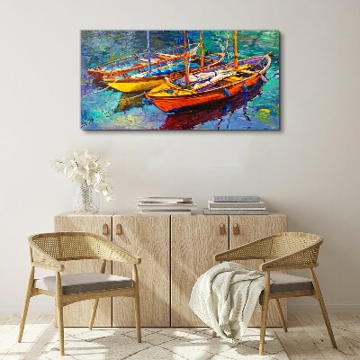 Schilderij op doek Kleurrijke boten op kalm water
