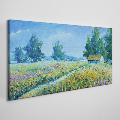 Canvas schilderij Zomerlandschap met een huis in het veld