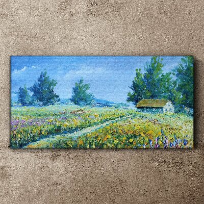 Canvas schilderij Zomerlandschap met een huis in het veld