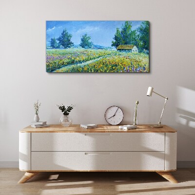 Canvas schilderij Zomerlandschap met een huis in het veld