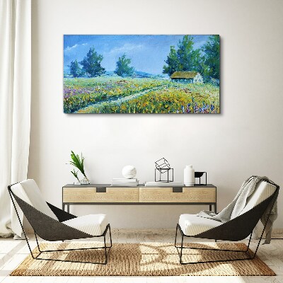 Canvas schilderij Zomerlandschap met een huis in het veld