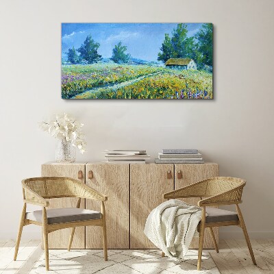 Canvas schilderij Zomerlandschap met een huis in het veld