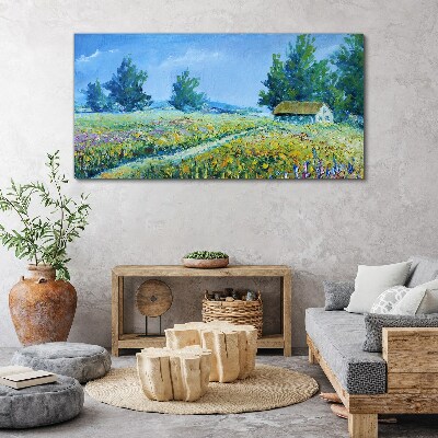 Canvas schilderij Zomerlandschap met een huis in het veld