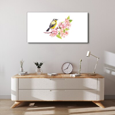 Schilderij op doek Een vogel op een tak met bloemen