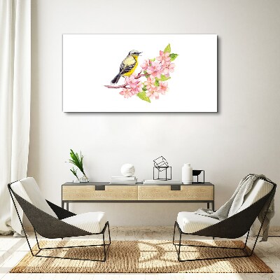 Schilderij op doek Een vogel op een tak met bloemen