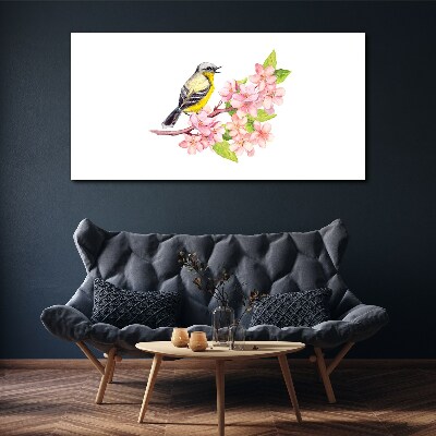 Schilderij op doek Een vogel op een tak met bloemen