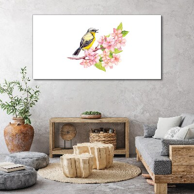 Schilderij op doek Een vogel op een tak met bloemen