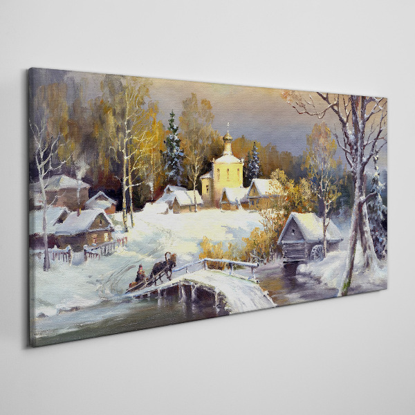 Canvas schilderij Winterlandschap met een dorpskerk